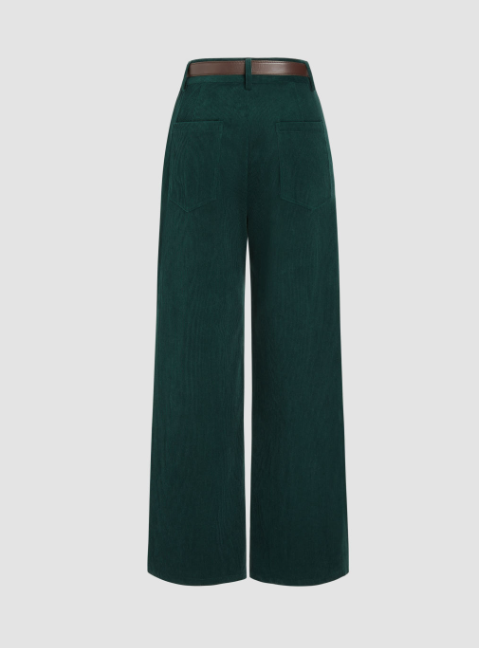 Corduroy Middle Waist Pocket Straight Leg Trousers With Belt