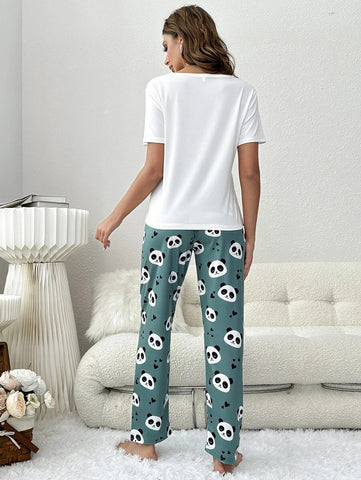 Panda & Slogan Graphic Tee & Pants PJ Set