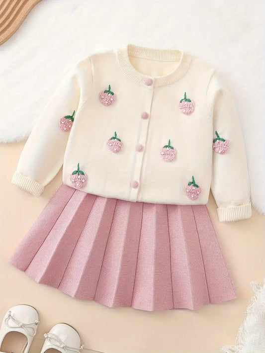 2pcs Girls Strawberry Knitwear Outfits