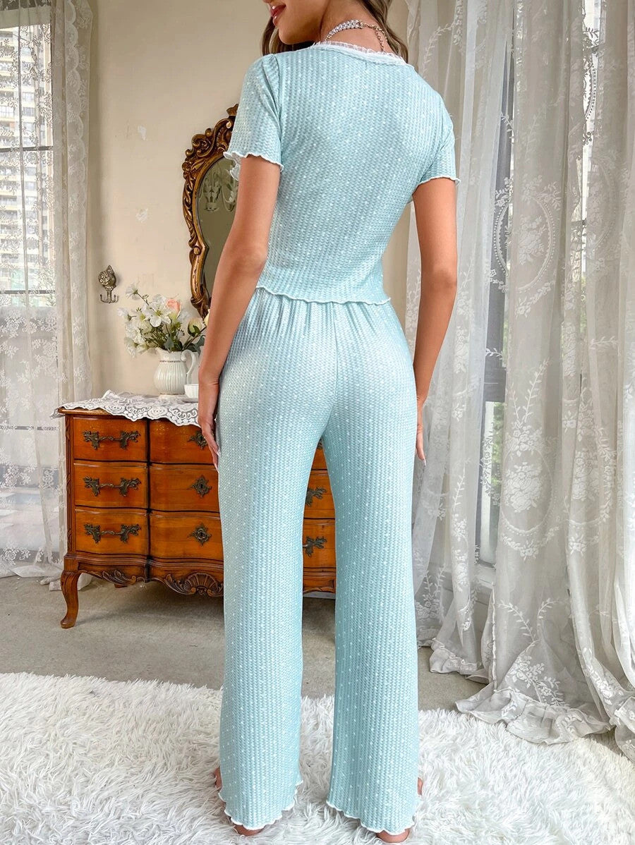 Mesh Trim Button Front Tee & Pants PJ Set