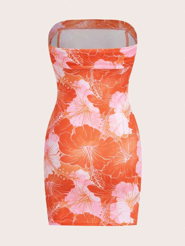 ICON Floral Print Split Hem Tube Bodycon Dress