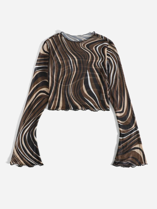 EZwear Allover Print Flounce Sleeve Mesh Top