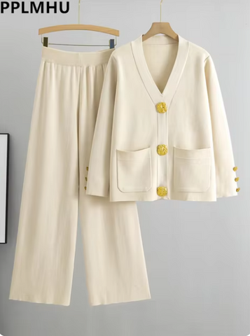 Women's Knit Sweater Sets Large Gold Button V-neck Cardigan Coats Conjunto High Waist Baggy 95cm Wide Leg Pants Suit