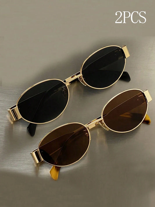 2 Pairs Of Women's Metal Frame Oval Fashion Glasses