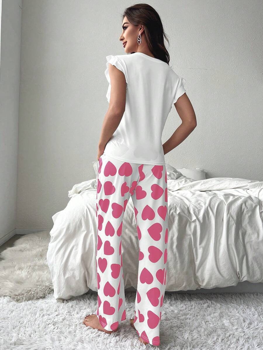 Heart Print Ruffle Trim PJ Set