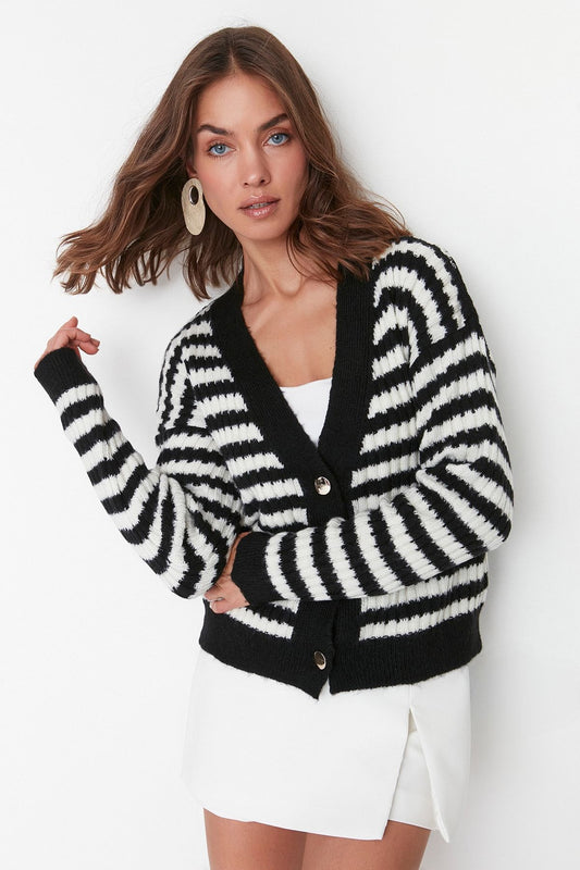 Soft Textured Striped Knitwear Cardigan