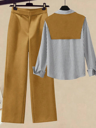 Striped Shawl Collar Shirt And High Waist Wide Leg Pants