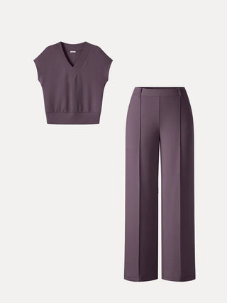V-Neck Short Sleeve Top & Cropped Straight-Leg Pants