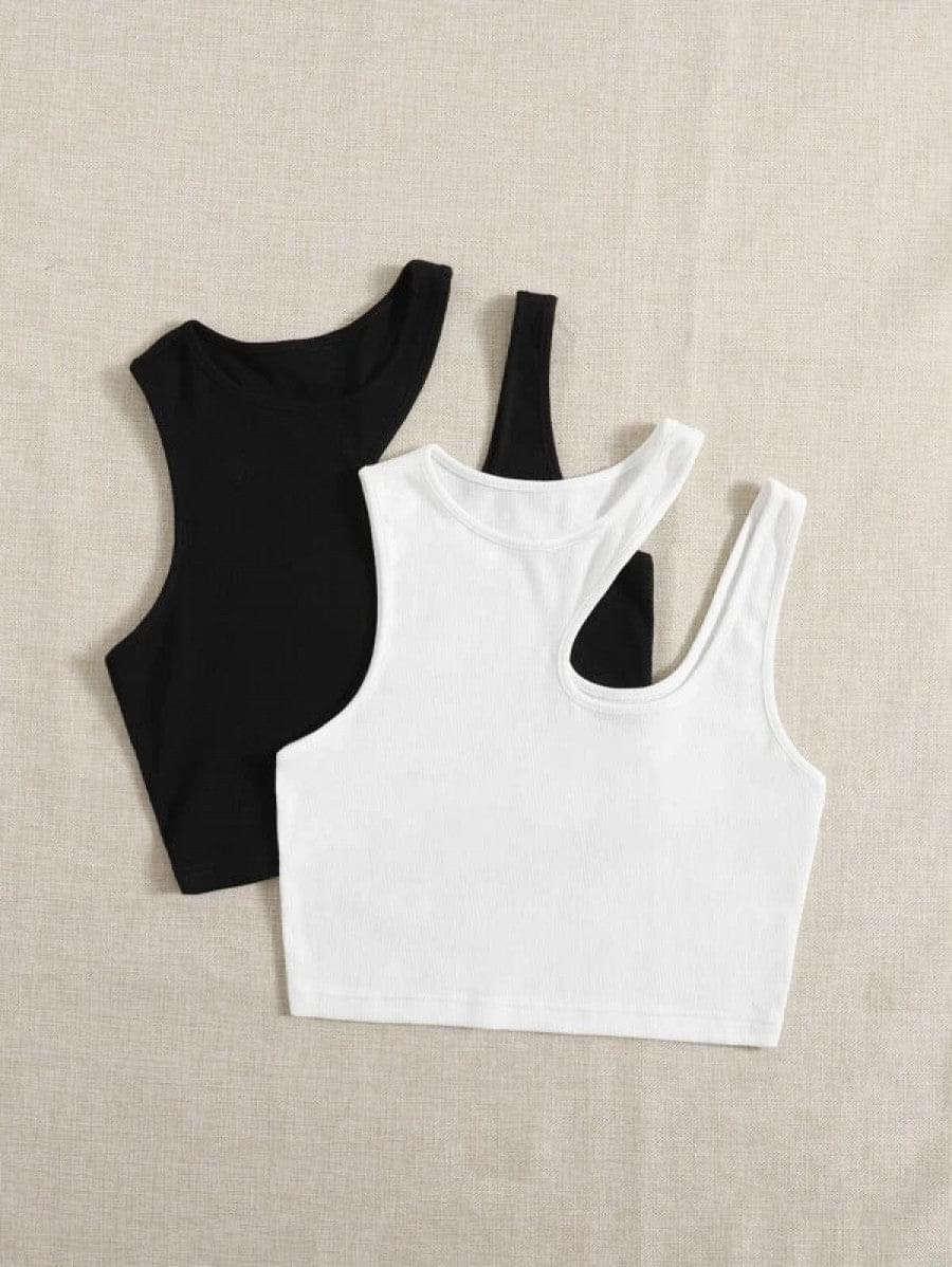 2pcs Solid Asymmetrical Neck Tank Top