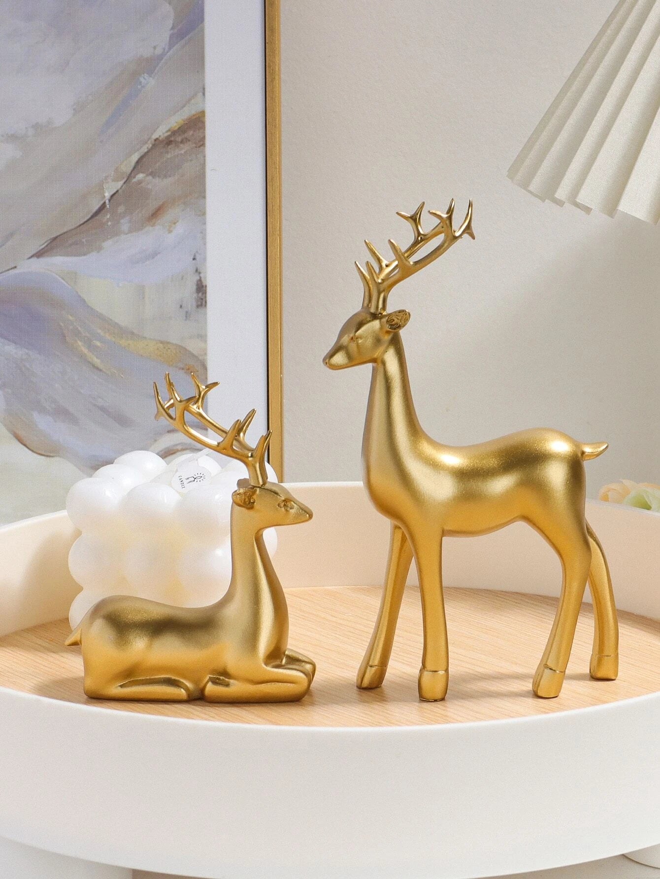 2pcs Deer Design Decoration Craft, Gold Polyresin Ornament For Home Decor