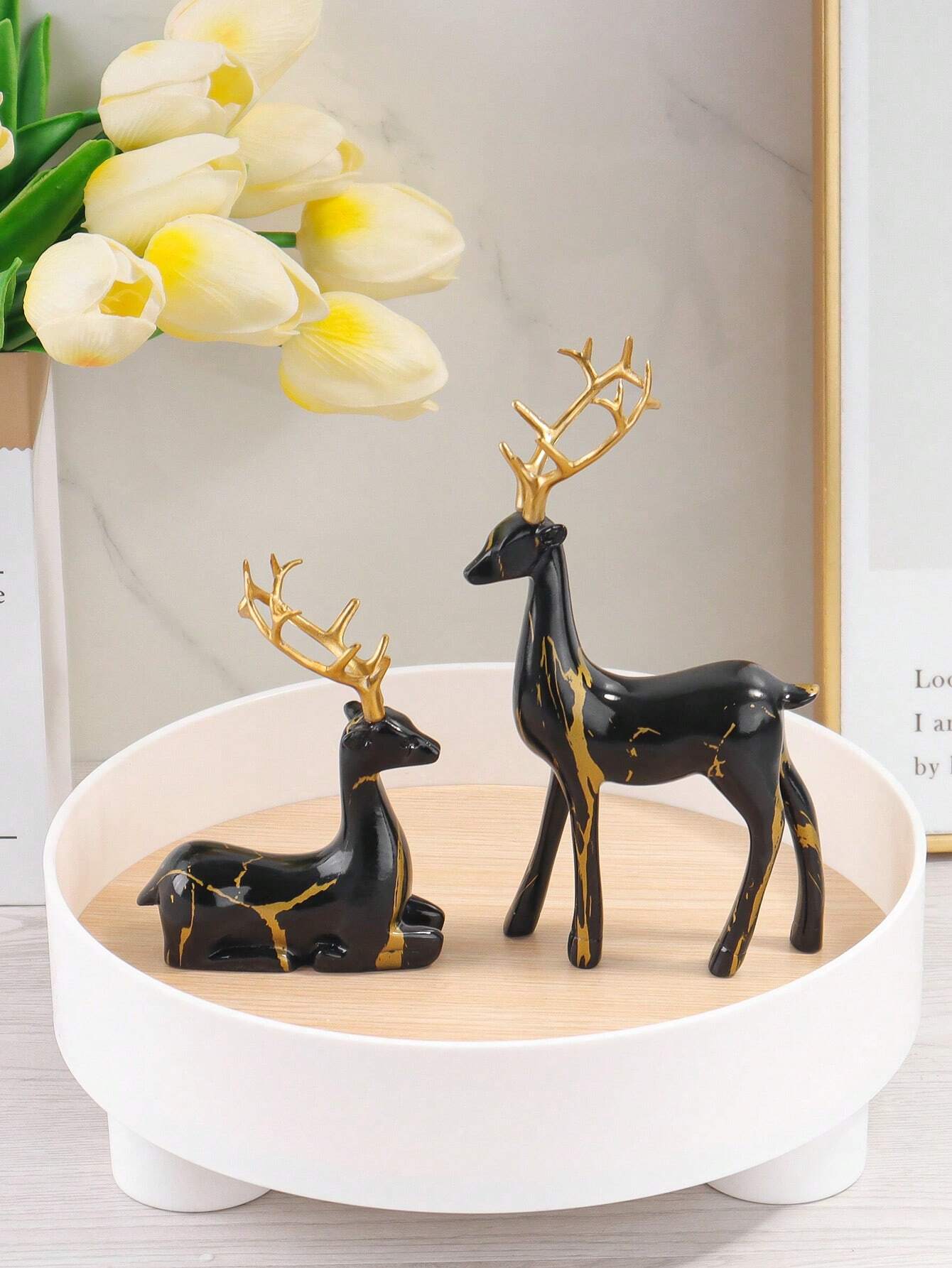 2pcs Deer Design Decoration Craft, Gold Polyresin Ornament For Home Decor