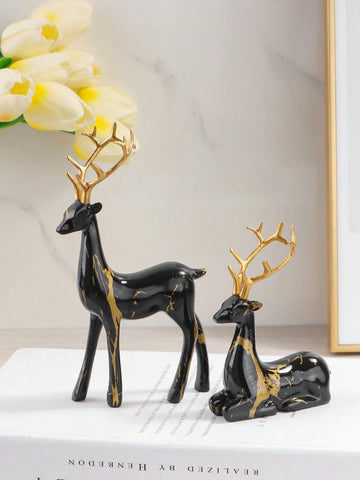 2pcs Deer Design Decoration Craft, Gold Polyresin Ornament For Home Decor