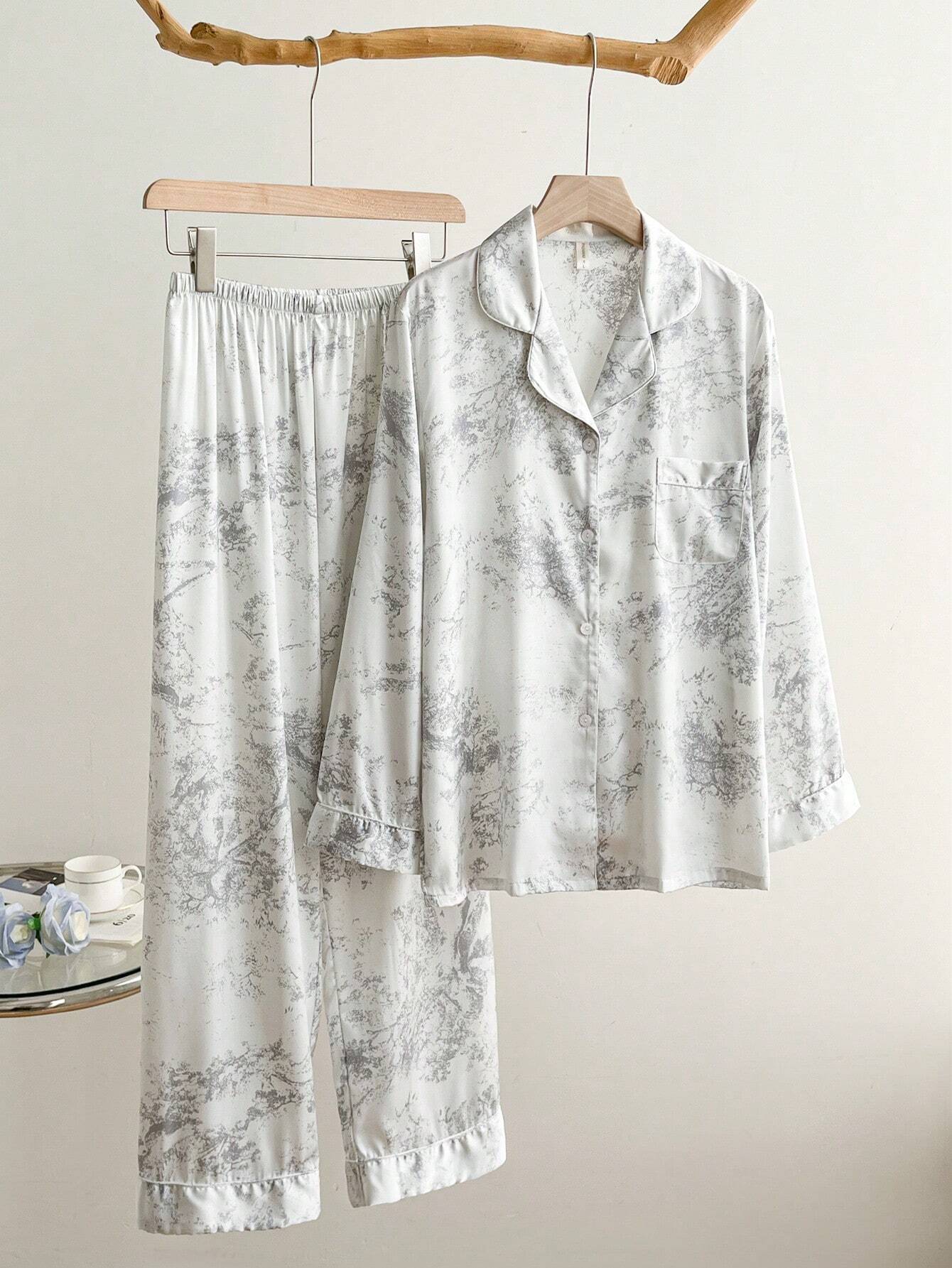 2pcs Set Ladies' Simple Mandarin Collar Long Sleeve Ice Silk Sleepwear With Ink Painting Style Print