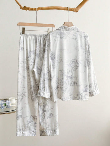 2pcs Set Ladies' Simple Mandarin Collar Long Sleeve Ice Silk Sleepwear With Ink Painting Style Print