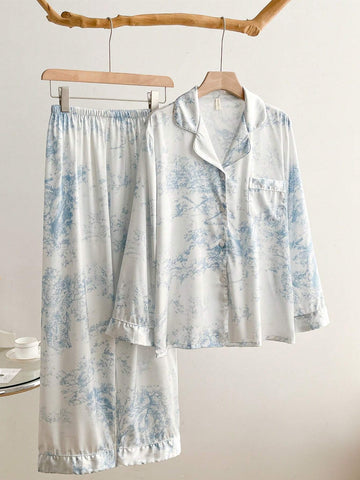 2pcs Set Ladies' Simple Mandarin Collar Long Sleeve Ice Silk Sleepwear With Ink Painting Style Print