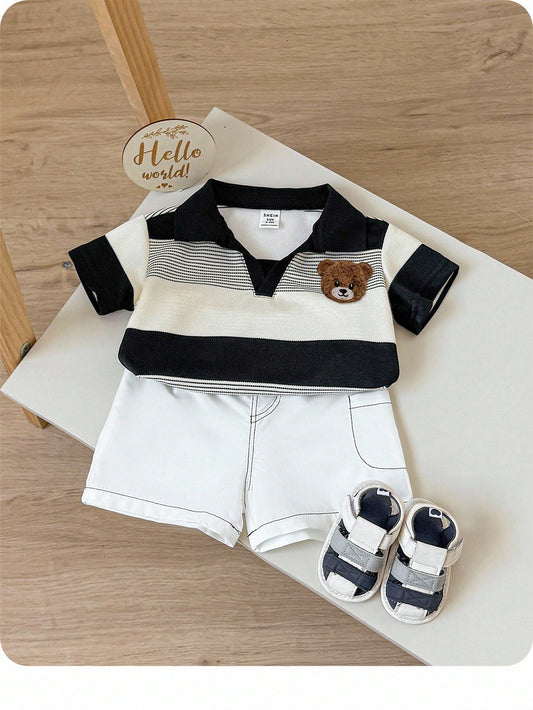 2pcs Baby Boy Casual Striped Polo Shirt And White Shorts Set