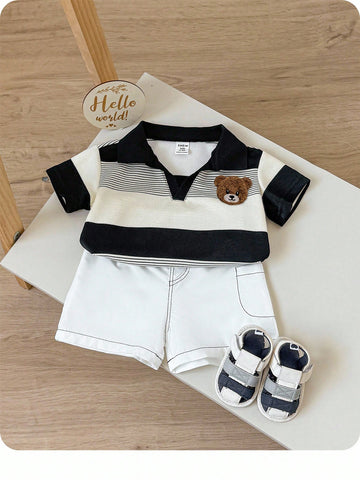 2pcs Baby Boy Casual Striped Polo Shirt And White Shorts Set
