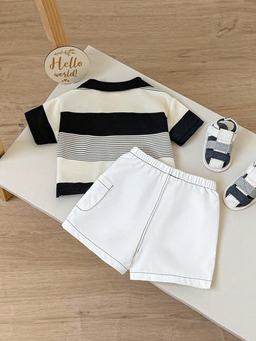 2pcs Baby Boy Casual Striped Polo Shirt And White Shorts Set