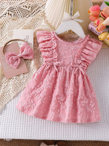 Baby Girl Sweet Bowknot Floral Trim Sleeveless Pink Jacquard Dress With Hair Scrunchie