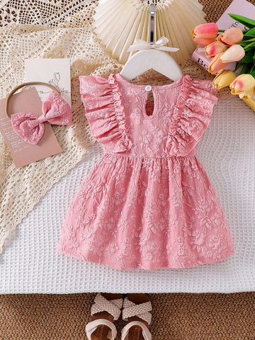 Baby Girl Sweet Bowknot Floral Trim Sleeveless Pink Jacquard Dress With Hair Scrunchie