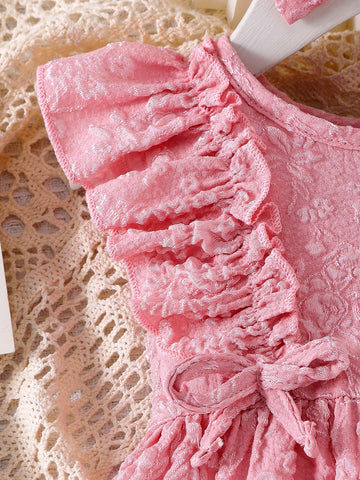Baby Girl Sweet Bowknot Floral Trim Sleeveless Pink Jacquard Dress With Hair Scrunchie
