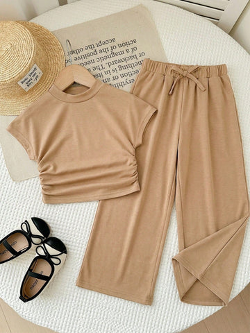Textured Knit Side Ruched Mock Neck Snug Fit Top And Wide Leg Pant