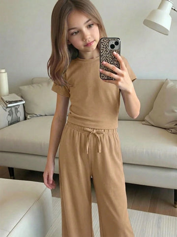 Textured Knit Side Ruched Mock Neck Snug Fit Top And Wide Leg Pant