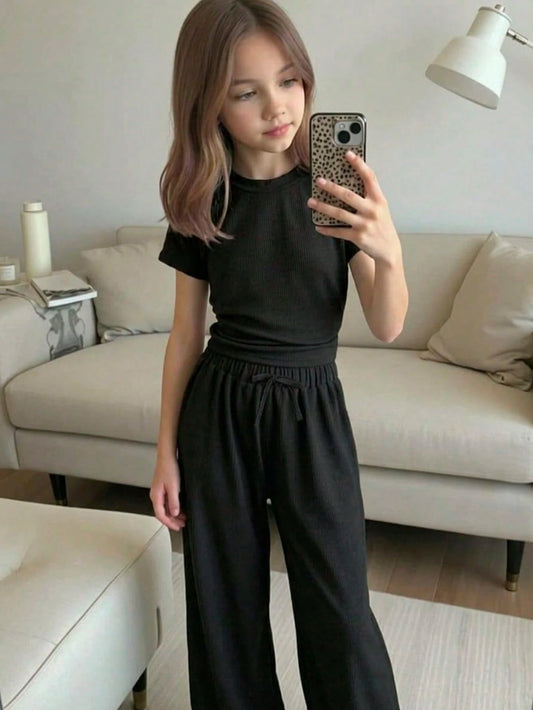 Textured Knit Side Ruched Mock Neck Snug Fit Top And Wide Leg Pant