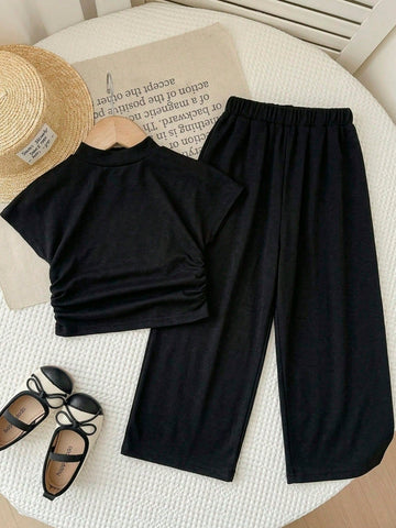 Textured Knit Side Ruched Mock Neck Snug Fit Top And Wide Leg Pant