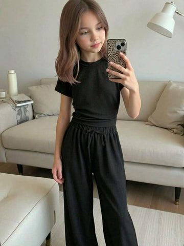 Textured Knit Side Ruched Mock Neck Snug Fit Top And Wide Leg Pant