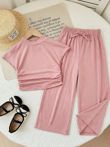 Textured Knit Side Ruched Mock Neck Snug Fit Top And Wide Leg Pant