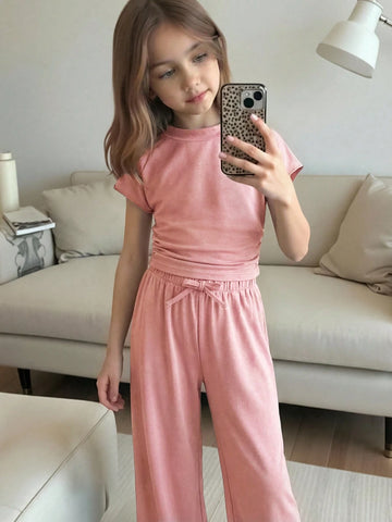 Textured Knit Side Ruched Mock Neck Snug Fit Top And Wide Leg Pant