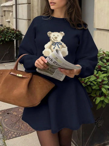 Women's New Casual Elegant Bear Pattern Knitted Pullover Sweater And Ribbed Knit Skirt