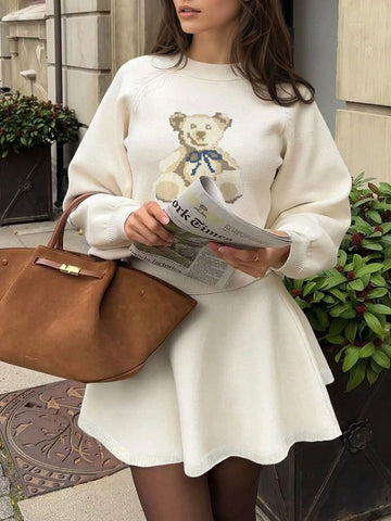 Women's New Casual Elegant Bear Pattern Knitted Pullover Sweater And Ribbed Knit Skirt