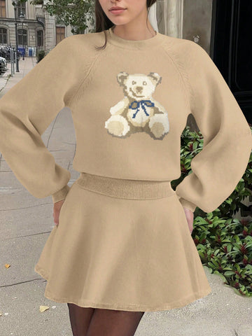 Women's New Casual Elegant Bear Pattern Knitted Pullover Sweater And Ribbed Knit Skirt