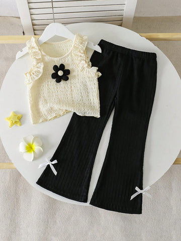 Young Girl Flower Decor Patchwork Ruffle Hem Camisole And Flared Pants Cute Set