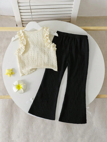 Young Girl Flower Decor Patchwork Ruffle Hem Camisole And Flared Pants Cute Set