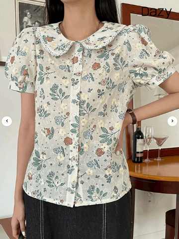 DAZY Floral Embroidery Peter Pan Collar Puff Sleeve Blouse