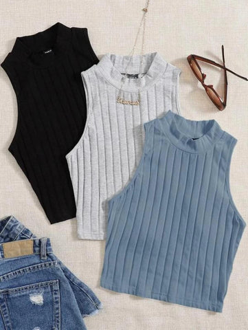 3 Pack Mock Neck Rib-knit Tank Top