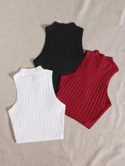3 Pack Mock Neck Rib-knit Tank Top