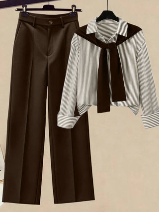 Striped Shawl Collar Shirt And High Waist Wide Leg Pants