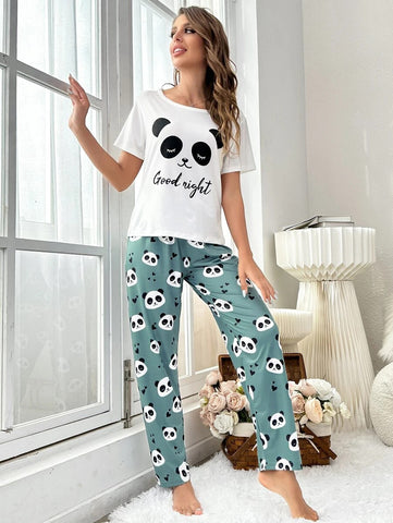 Panda & Slogan Graphic Tee & Pants PJ Set