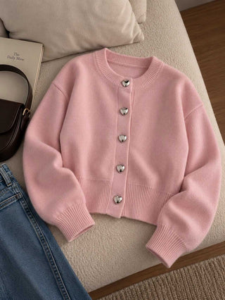 Heart Buttons Button Up Long Sleeve Knitwear Cardigan