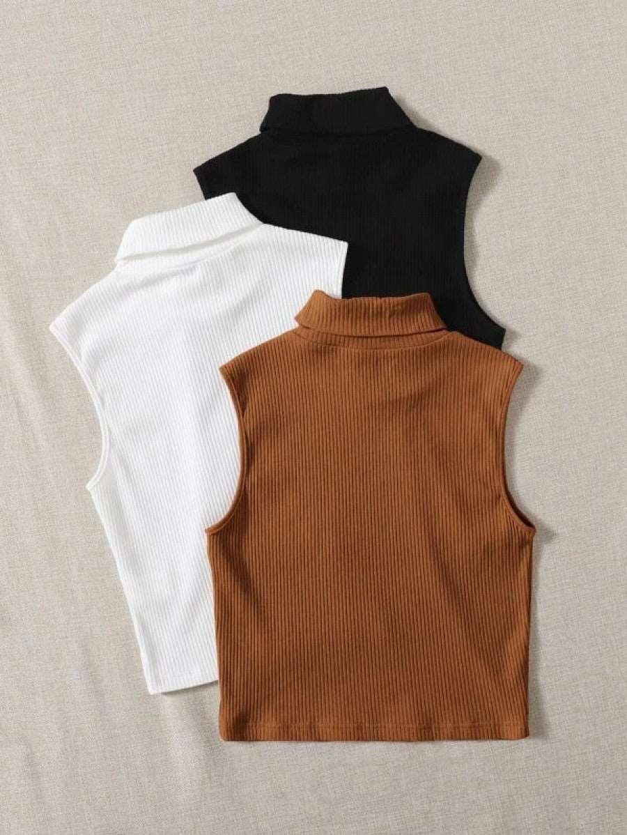 3pcs Solid Turtleneck Ribbed Knit Tank Top