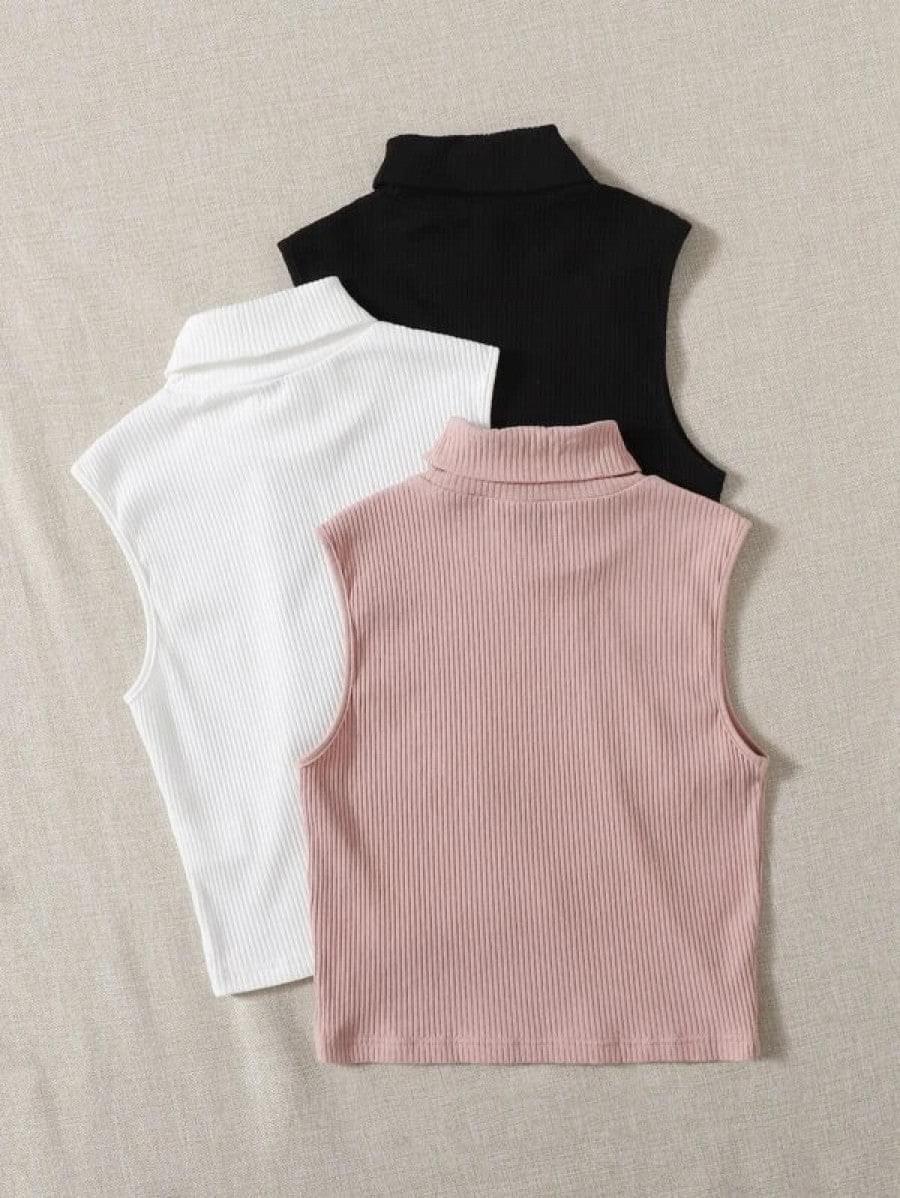 3pcs Solid Turtleneck Ribbed Knit Tank Top