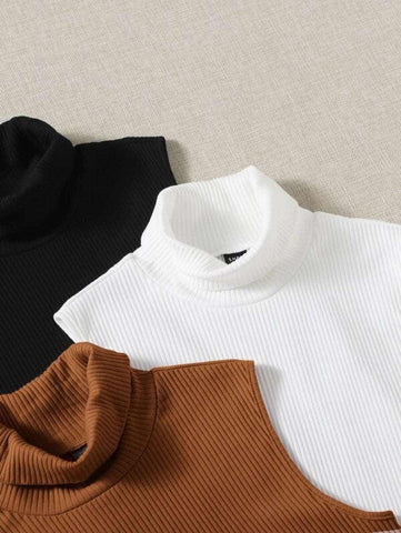 3pcs Solid Turtleneck Ribbed Knit Tank Top