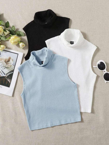 3pcs Solid Turtleneck Ribbed Knit Tank Top
