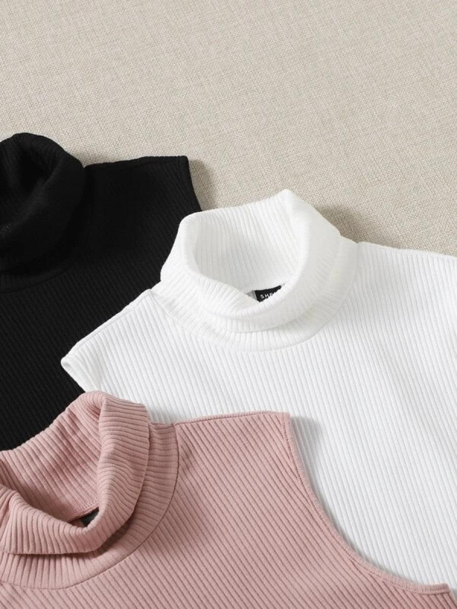 3pcs Solid Turtleneck Ribbed Knit Tank Top