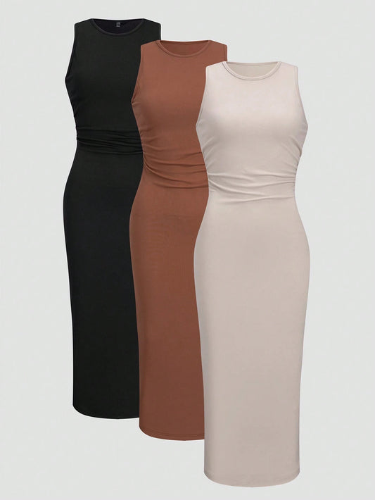 3pcs Solid Ruched Side Bodycon Dress