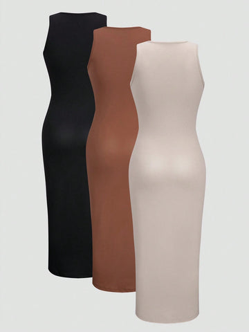 3pcs Solid Ruched Side Bodycon Dress